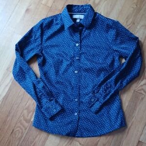 Banana Republic Navy Blue Non-Iron Butron- Down Shirt with White Hearts ■ Size 6